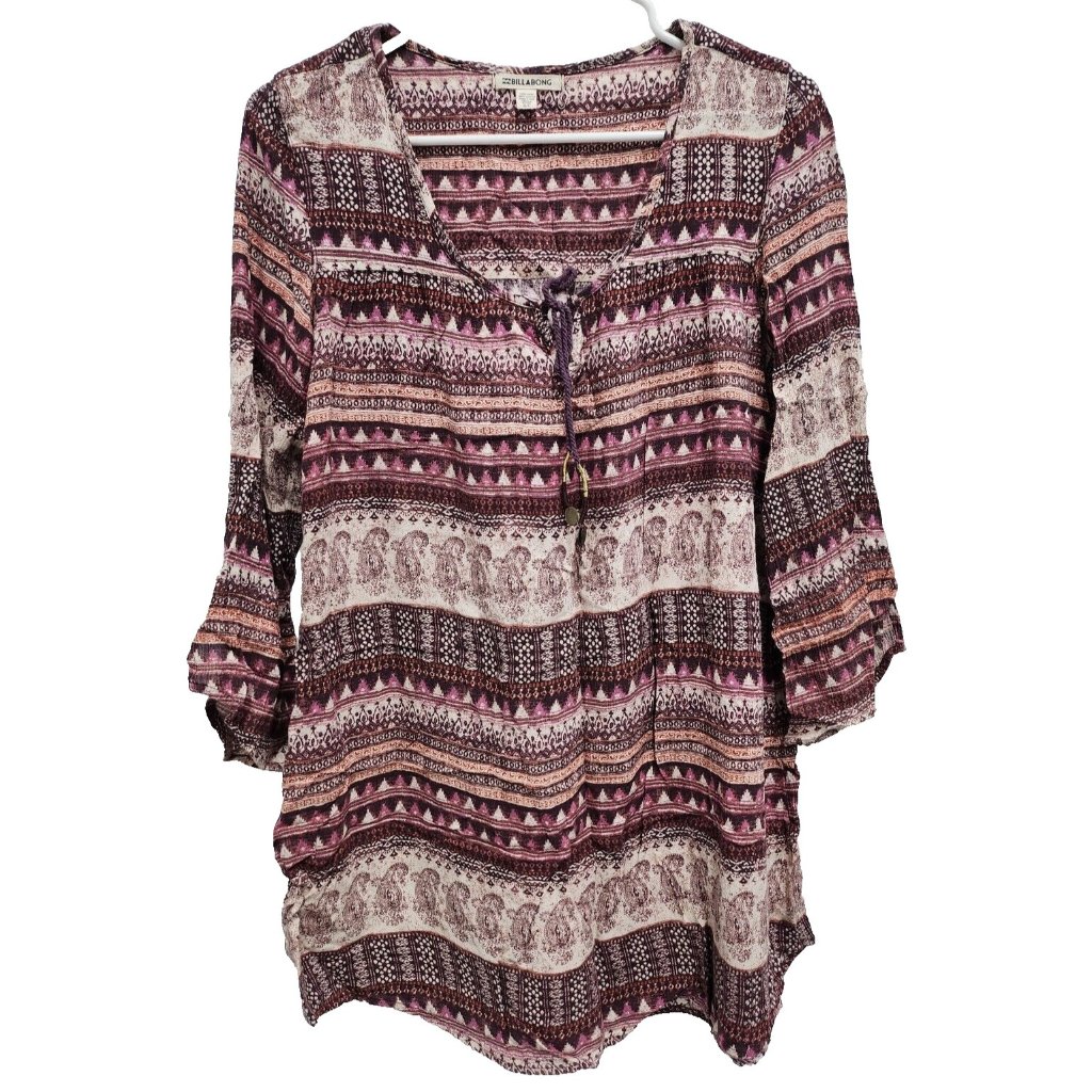 Billabong Boho Peasant Tunic Top Womens Small Purple Paisley 3/4 Sleeve Casual